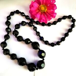 Big necklace faceted black beads graduated size long
